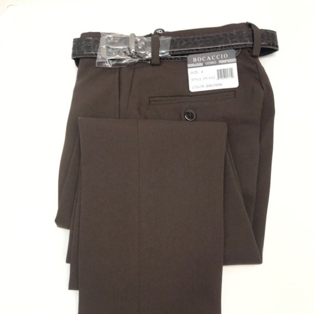 Bocaccio Uomo Boys Brown Dress Pants with Belt Flat Front Regular Hem Size 4